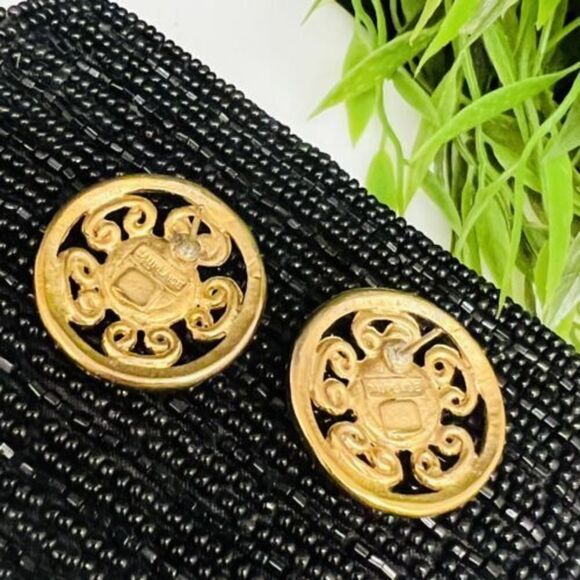 Vintage Carol Dauplaise Brushed Satin Gold Lace Black Center Large Earrings - Picture 3 of 6